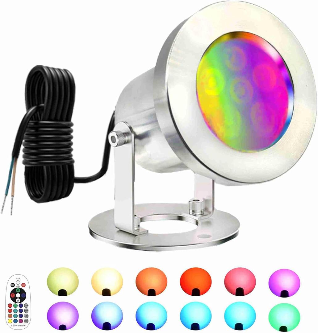 LED Pond Lights with Remote Control, 6W SS316 Stainless Steel RGB Underwater Fountain Light IP68 Waterproof Outdoor Underwater Lights for Pond Waterfall (1)