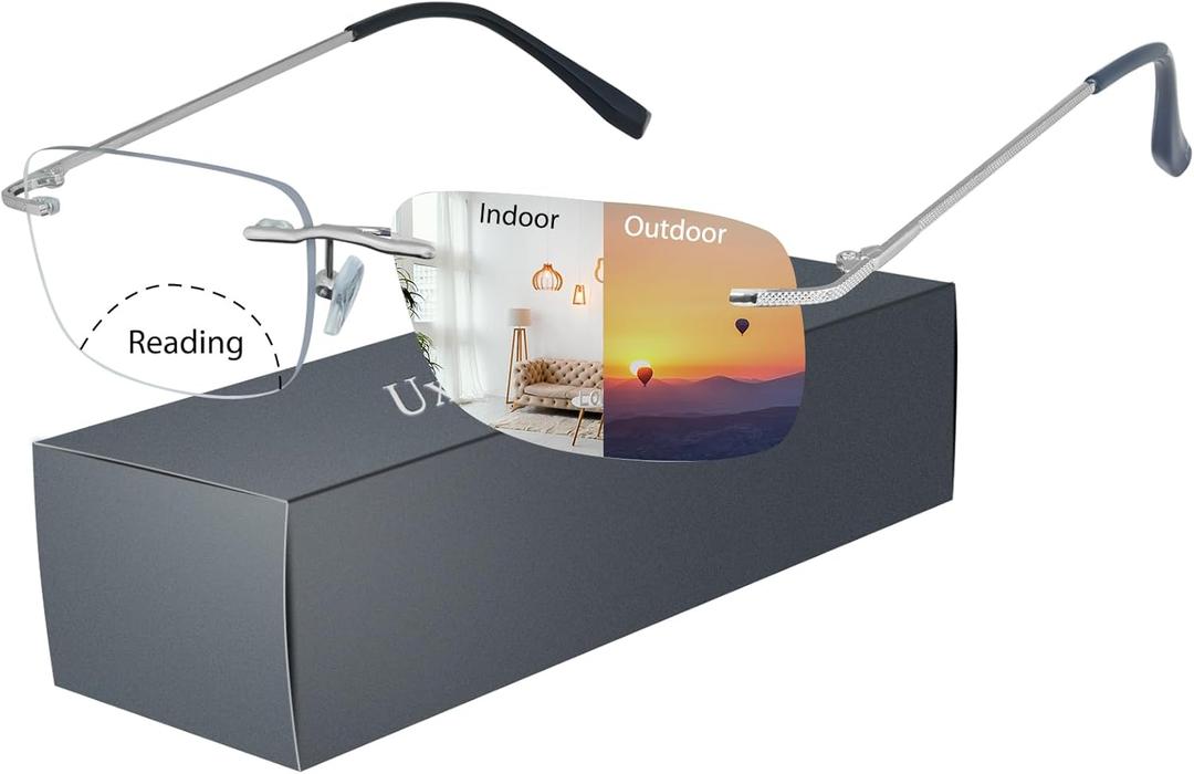 Bifocal Reading Glasses For Women Fashion, Photochromic Rimless Presbyopia Glasses Men-Anti UV/Blue Light +1.50