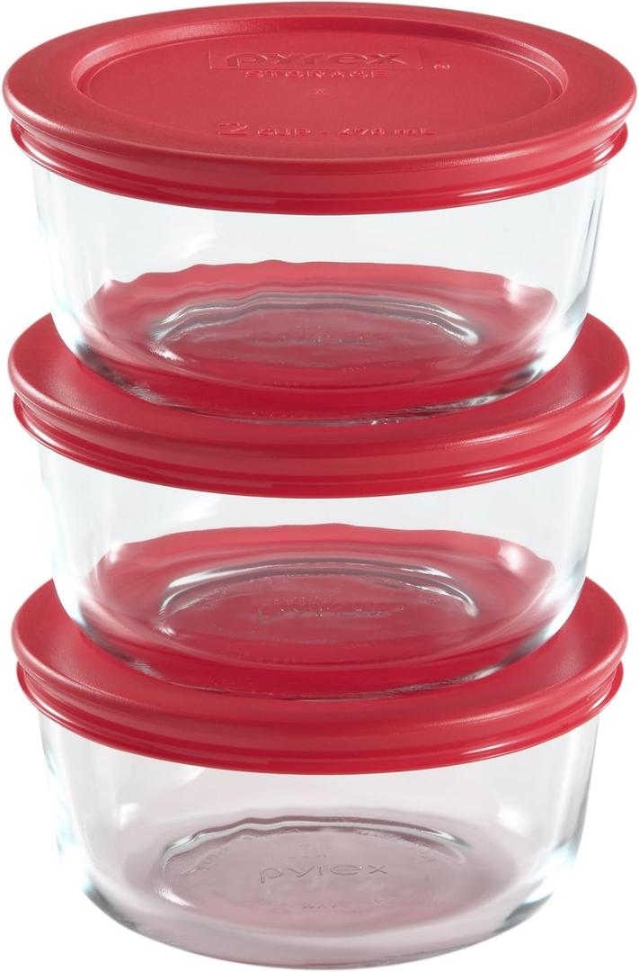 Pyrex Simply Store 16-Pc Glass Food Storage Container Set with Lid, 2-Cup & 1-Cup Round Meal Prep Containers with Lid, BPA-Free Lid, Dishwasher, Microwave and Freezer Safe,