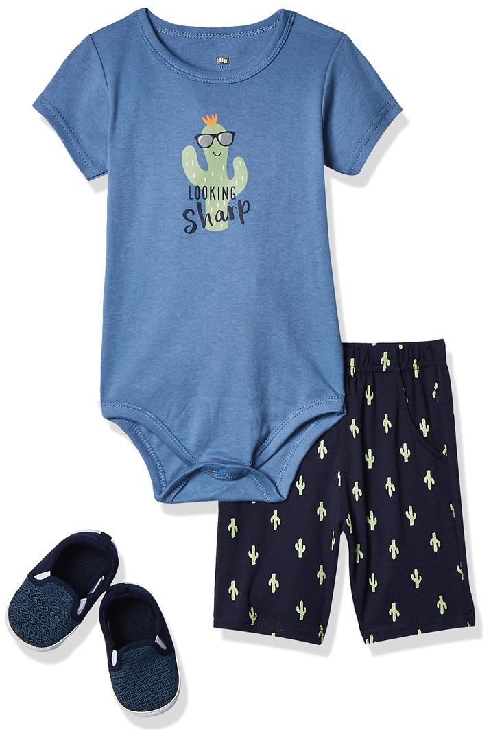 Hudson Baby Unisex Baby Cotton Bodysuit, Shorts and Shoe Set (0-3 Months, Go Bananas)