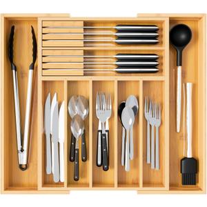 Bamboo Silverware Drawer Organizer, Expandable 13" to 20" Wide Kitchen Utensil Holder with 2 Knife Blocks, 7-9 Slots Cutlery Tray for Flatware (Natural)