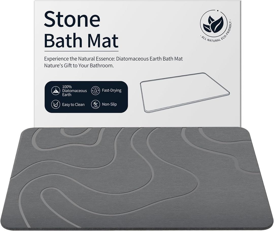 Stone Bath Mat Diatomaceous Earth Shower Mat Non-Slip Super Absorbent Diatomite Stone Mats for Bathroom Floor Quick-Drying Easy to Clean (24''*16'' Grey)