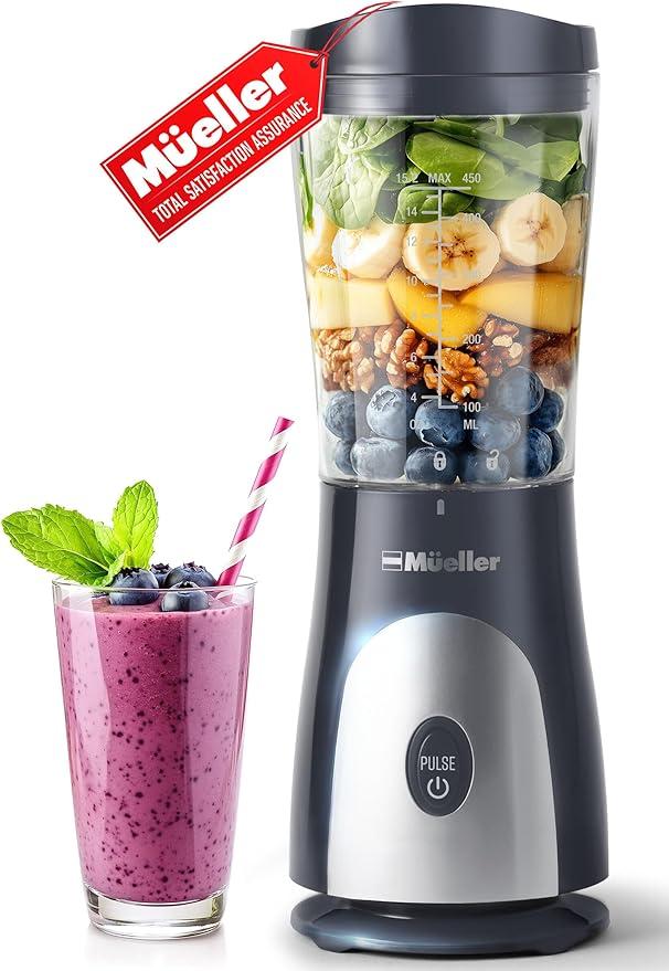 Mueller Smoothie Blender for Smoothies - Personal Blender for Shakes, Frozen Drinks, Baby Food & More, 15oz Travel Cup and Lid, Durable Stainless Steel Blades for Powerful Blending Performance, Gray