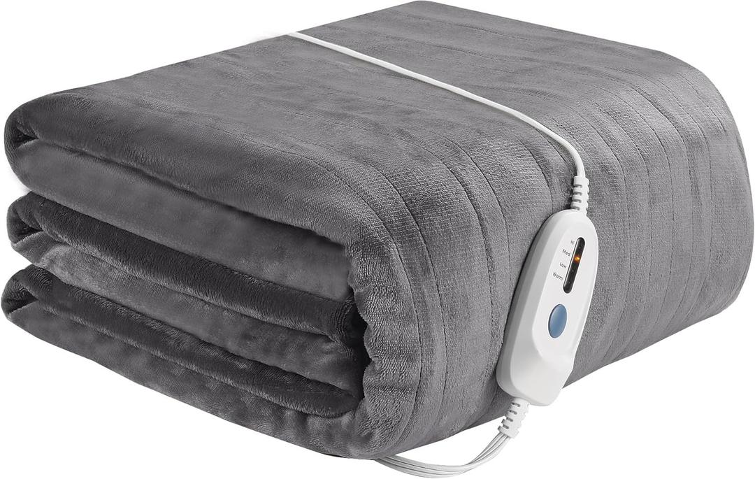 Electric Heated Blanket 72" x 84" Full Size Soft Flannel, 4 Heating Levels  10 Hours Auto Off, Machine Washable - Light Grey