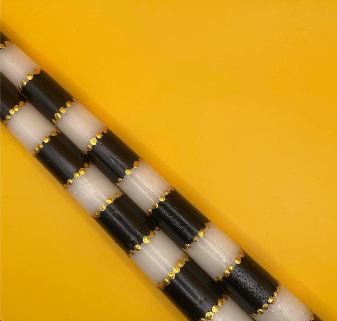 %100 Handmade Decorative Christmas Hand Painted Taper Candles, 2 Pack | Christmas Candles |Striped Black & White | for Dinner Table and Interior Decoration | Celebration Candles