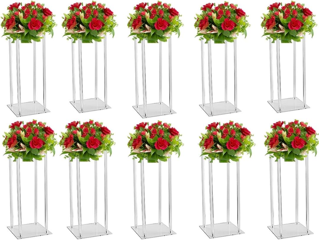 10 Pcs Acrylic Clear Vases for Wedding Centerpieces, 23.62in Tall Flower Stand, Engagement Home Party Table Decor Centerpiece Vases, Rectangular Acrylic Flower Stand with 50 Pcs Gold Napkin Rings