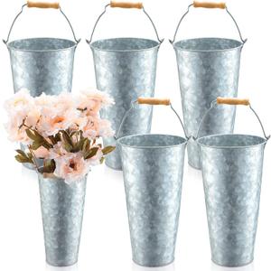 Zopeal 6 Pcs Galvanized Flower Buckets for Cut Flowers 15 Inch Silver Tin Bucket French Metal Vases with Handles Vintage Rustic Flower Holder for Wedding Decor Home Table Centerpiece Arrangement