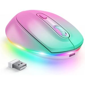 seenda Wireless Mouse, Rechargeable Light Up Mouse for Laptop, Small Cordless Mice with Quiet Click LED Rainbow Lights for PC Computer Kids Chromebook Windows Mac, Gradient Pink