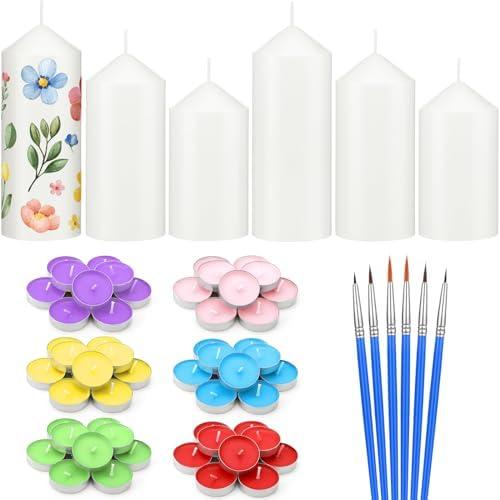 MTLEE 72 Pcs DIY Candle Painting Kit for Adults Include 6 Pcs White Pillar Candles 60 Colored Tealight Candles and 6 Paint Brushes for Spring Tea Party Crafts Wedding Birthday Party Favors