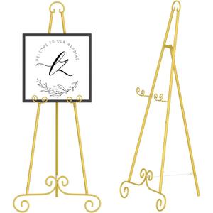 46" H Metal Round Tube Scroll Display Easel, Vintage Gold Decorative Large Adjustable Floor Standing Easel with Chain Support, Perfect for Showcasing Pictures, Artwork, Picture Frame Wedding Sign Etc