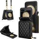 Vofolen Case for Samsung Galaxy Z Flip 5 with Card Holder, Crossbody 8-Card Slots Wallet Case with Adjustable Strap Soft PU Leather Protective Zipper for Women Girls, Black