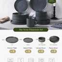 Famiware Star Dinnerware Set with Pasta Bowls, Service for 6 (24 Pieces), Ribbed Stoneware Plates and Double Bowls Sets - Chip & Scratch Resistant, Microwave & Dishwasher Safe, Matte Dark Charcoal