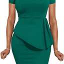 Women's Fashion Peplum Bodycon Short Sleeve Work Dresses Bow Club Ruffle Pencil Formal Cocktail Dress, Size S (Peacock Blue)