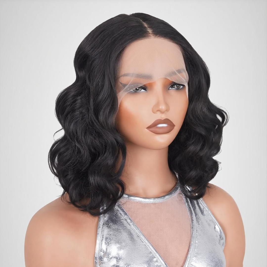 Black Bob Wig 12 Inch Yaki Straight 13x4x1 T Part Synthetic Lace Front Wig Bob Wigs for Black Women, 180% Density Heat Resistant as Human Hair Shoulder Length Short Wigs for Daily Use