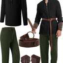 5 Pcs Halloween Men's Renaissance Costume Medieval Pirate Shirt and Pants Viking Costume Accessory Set (Black/Green)