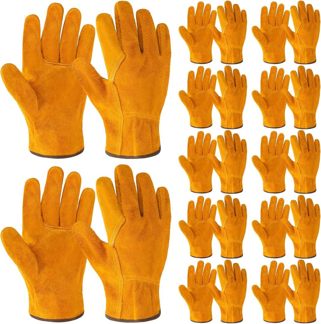 Lasnten Leather Work Gloves Flexible Grip Gardening Gloves Thorn Proof Cut Resistant Cowhide Construction Glove Men Women 12pairs
