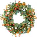 DDHS Summer Wreaths for Front Door,24 Inch Large Eucalyptus Wreath with Boxwood Leaves Three Colors of Chrysanthemums All Year Round Wreath for Indoor Outdoor Porch Farmhouse Decoration