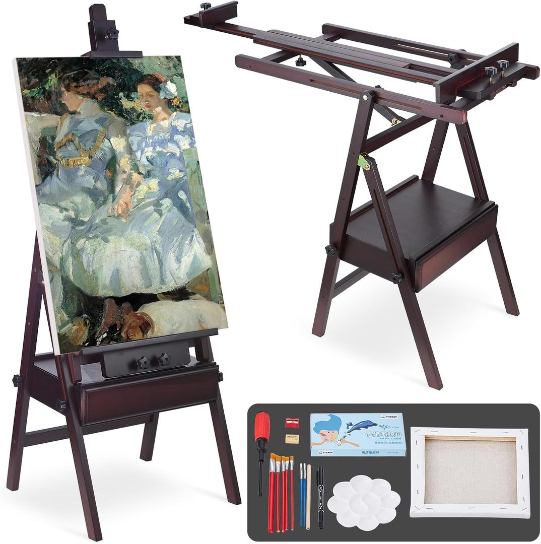 H Frame Artist Easels for Painting, Large Beech Wood Painting Easel with Storage Drawer Floor Standing Easel Stand for Adults, Foldable & Adjustable Studio Canvas Art Stand, Walnut