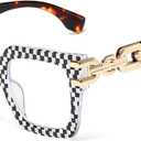 Blue Light Blocking Glasses for Women - Oversized Square Computer Eyewear with Anti Eye Strain, Stylish Checkerboard Frame & Gold Chain Design, Fashion Reading Gaming Glasses