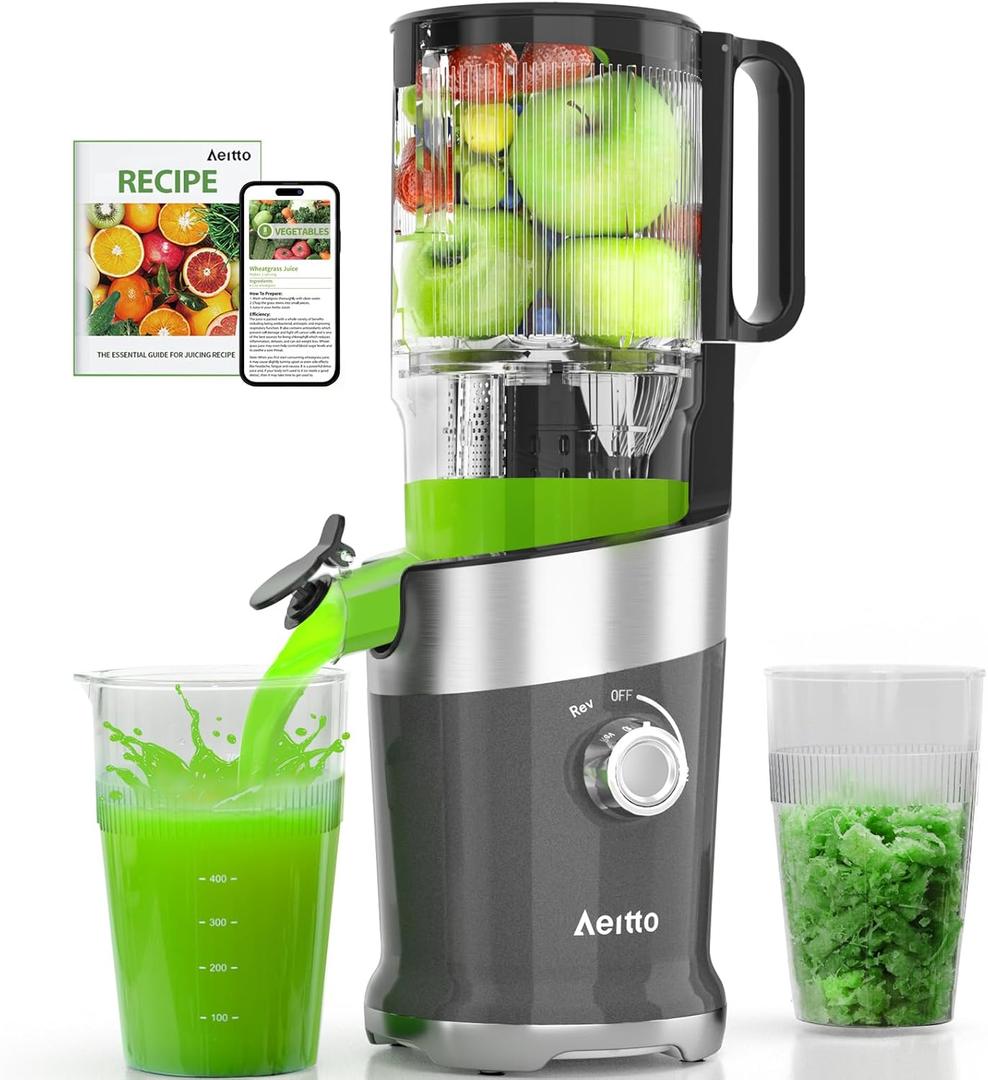 Aeitto Cold Press Juicer, Juicer Machines with Large Feed Chute, For Whole Vegetables and Fruits, Professional Juice Maker Easy to Clean, High Juice Yield, Easy to Assemble, Self Feeding