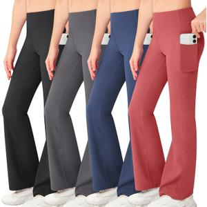 NORMOV Girl's Bootcut Yoga Pants with Pockets,High Waisted Casual Kids Bell Bottoms Pants (8-9 Years, 4packs(black+dark Grey+navy+watermelon Red))