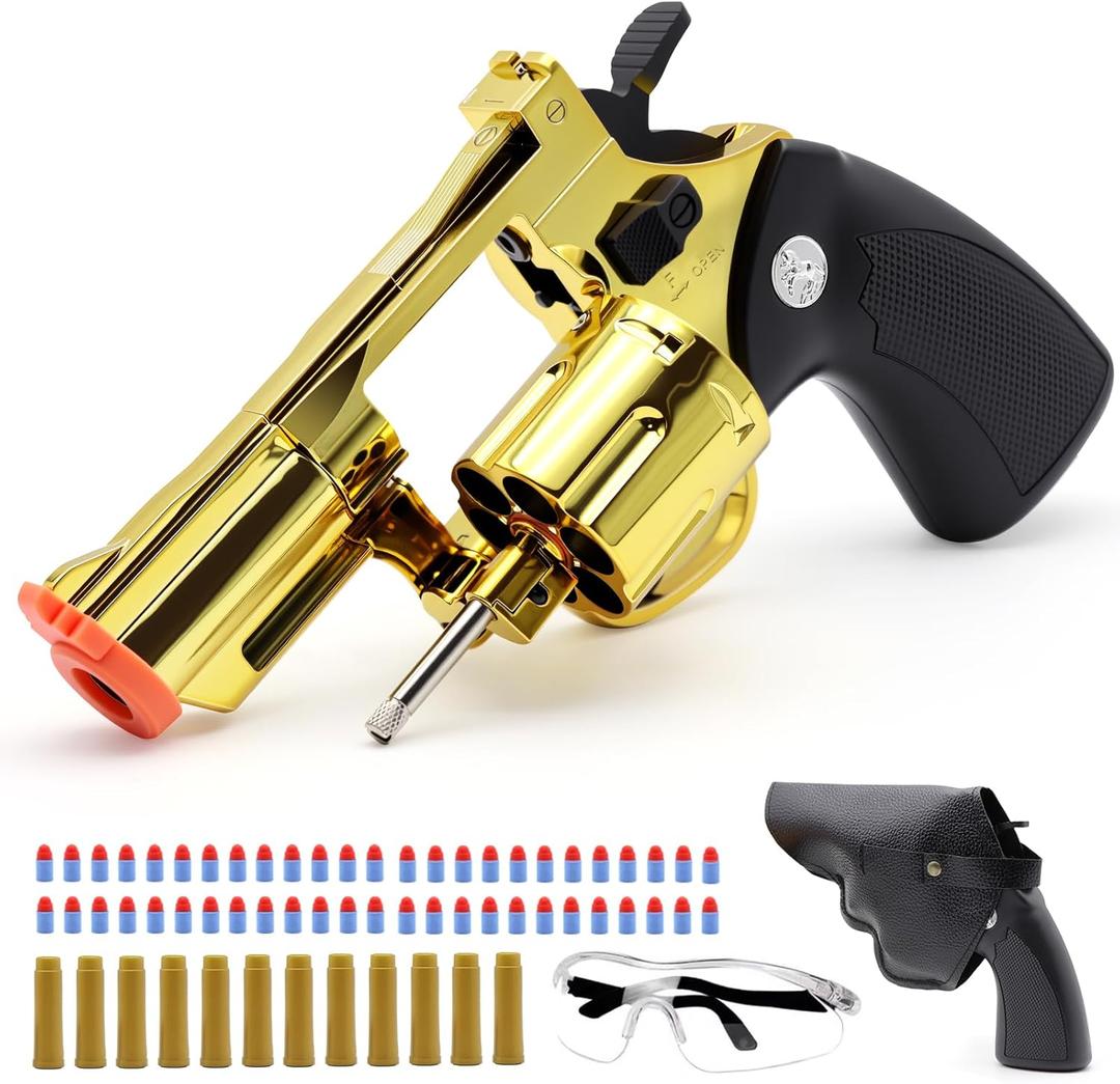 Gold Soft Bullet Toy Revolver for Boys - Realistic Shooting Game Toy Gun Pistol with 50 Foam Bullets & 12 Shells - Ideal Christmas for Boys