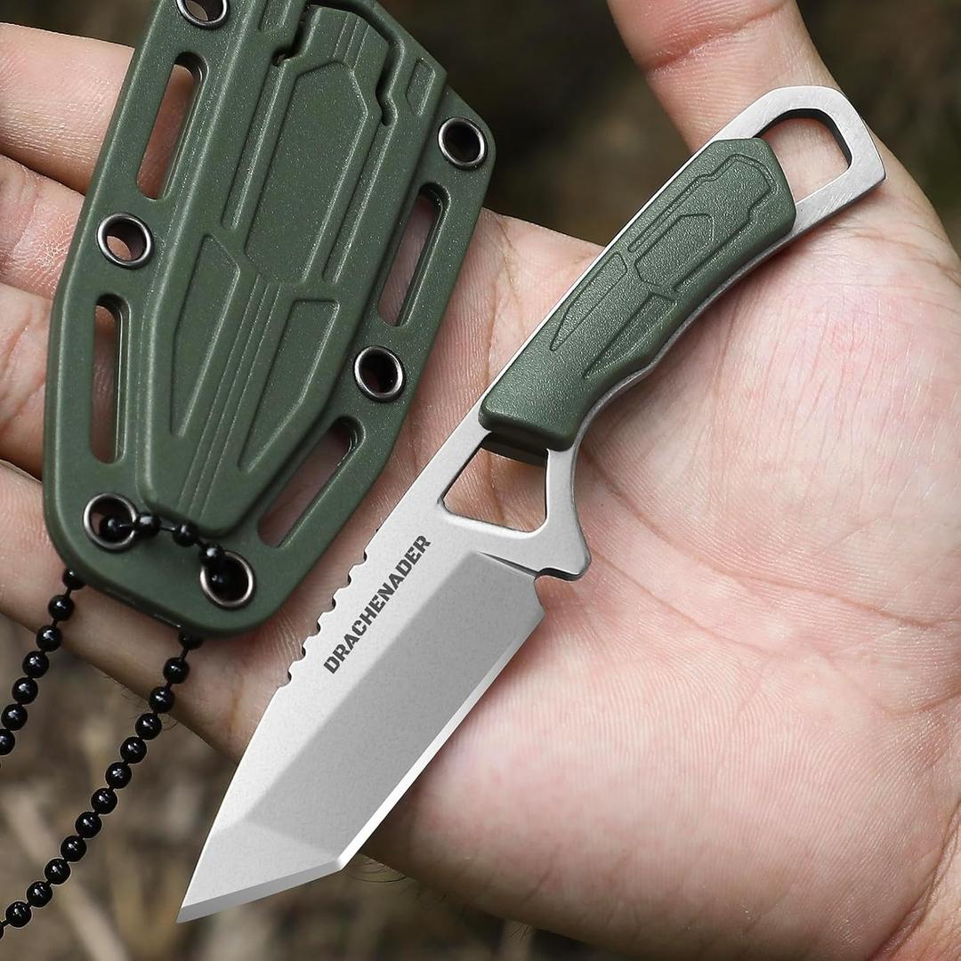 Neck Knife Tanto Small, Mini Neck Knife with Sheath and Necklace Fixed Blade Knife Full Tang Outdoor Knife, Green
