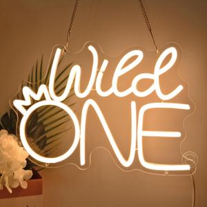 Britrio Wild One Crown Neon Light Sign for Baby Shower Girl Boy One Year Birthday Party Supplies 1st Anniversary Wedding Safari Jungle Theme Backdrop Banner Gift LED Wall Decor 5V USB Warm White