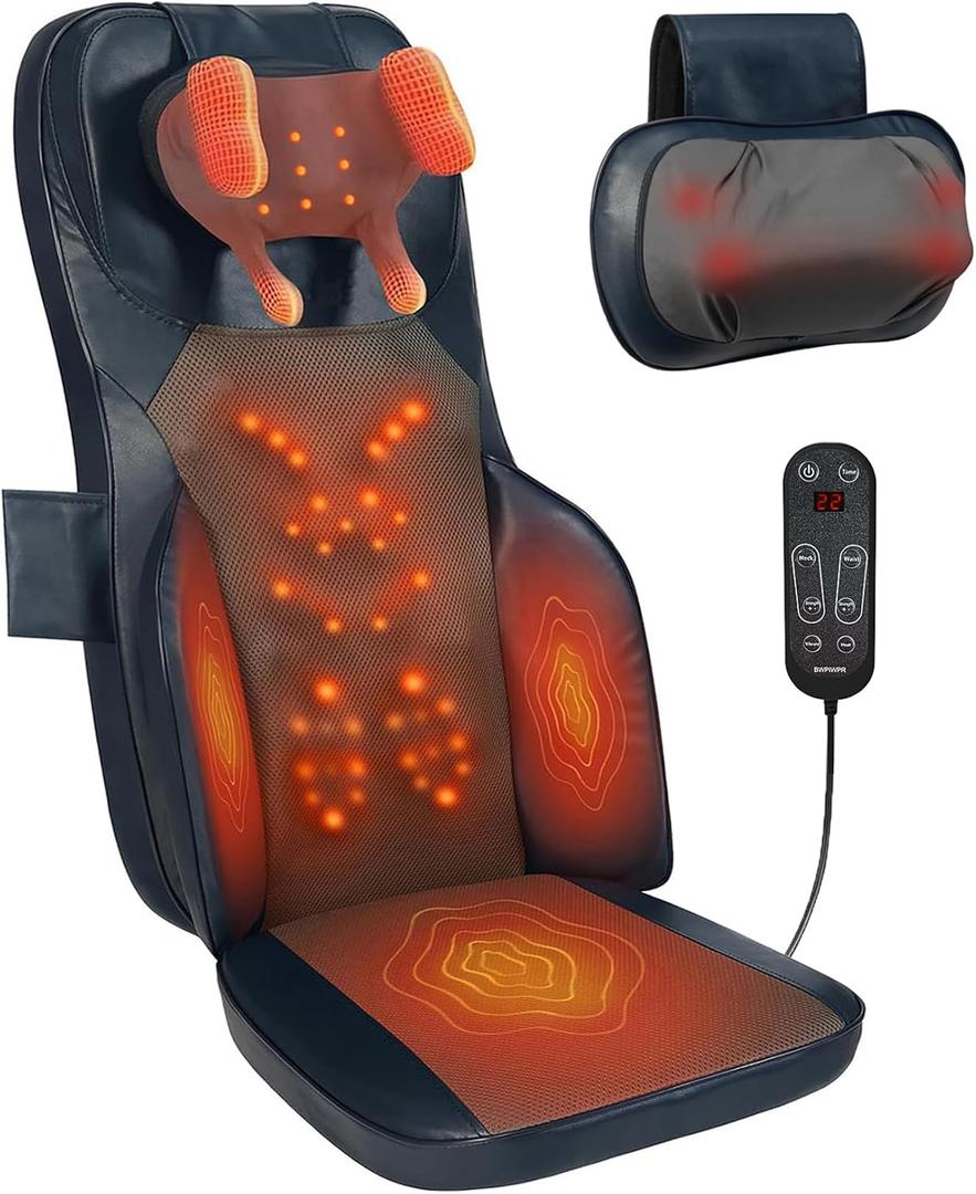 Shiatsu Neck Back Massage Cushion with Heat - 4D Kneading Massager w/Vibration, Dual-Neck Design, Adjustable Intensity/Height, Ease Muscle Tightness from Long Sitting, for Office, Home, Blue