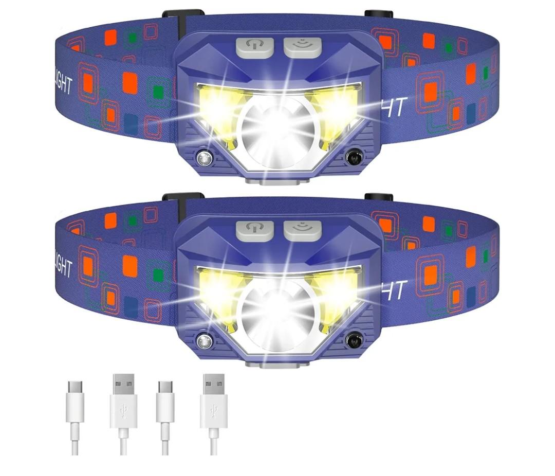 Headlamp Flashlight, Lumen Ultra-Bright LED Rechargeable Headlight with White Red Light,2-Pack Waterproof Motion Sensor Head Lamp,8 Modes for Outdoor Camping Running Fishing- Blue