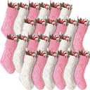 Hungdao 24 Pcs Pink White Christmas Stockings Knitted Xmas Socks Rustic Socks Double Sided Fireplace Hanging Stockings Vintage Xmas Sock for Family Christmas Decoration (8.3 Inch)