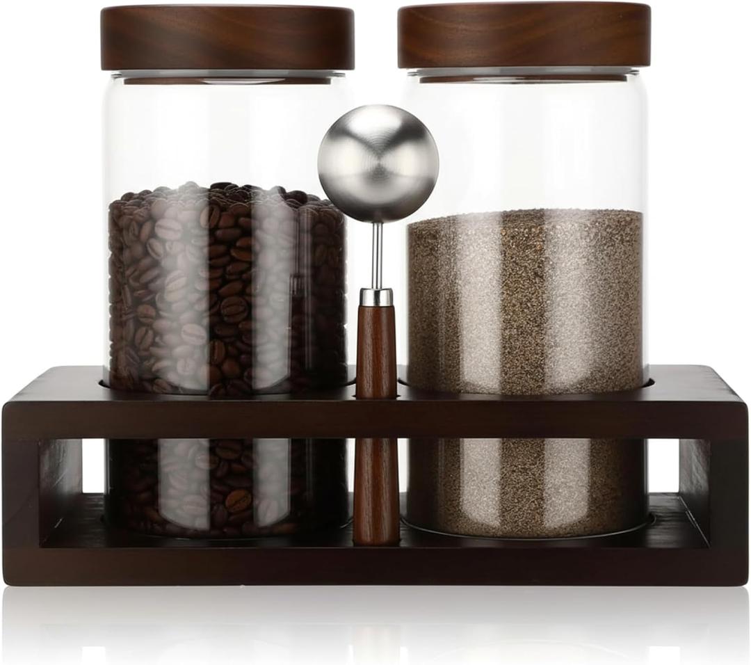 Glass Coffee Grounds Container with Shelf 2 x 44 oz Glass Coffee Bean Storage Canisters with Airtight Thread Lid and Measuring Spoon Food Storage Jars for Kitchen Sugar(Plain Style)