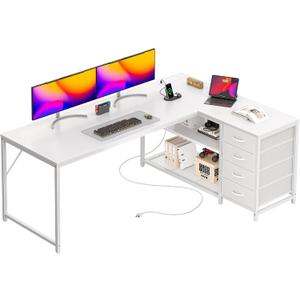 PRAISUN 61" L Shaped Desk with Power Outlets and USB-C Port, Reversible Computer Corner Office Desk with 4 Fabric Drawers and 2 Height-Adjustable Shelves, Large for Gaming Writing Work Study, White