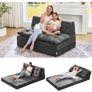 Hobestluk Sofa Couch Folding Sofa Bed Sleeper Comfy Floor Lounger Loveseat Sofa with Removable Cushion Couches Foldable Mattress for Living Room Bedroom or Office (Chenille Grey, Oversize)