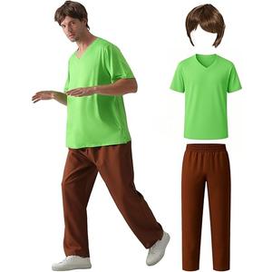 Oerinkend Men's Halloween Deluxe Costume Set  Complete Outfit with Brown Wig, Green TShirt, Brown Pants (Small) Size S