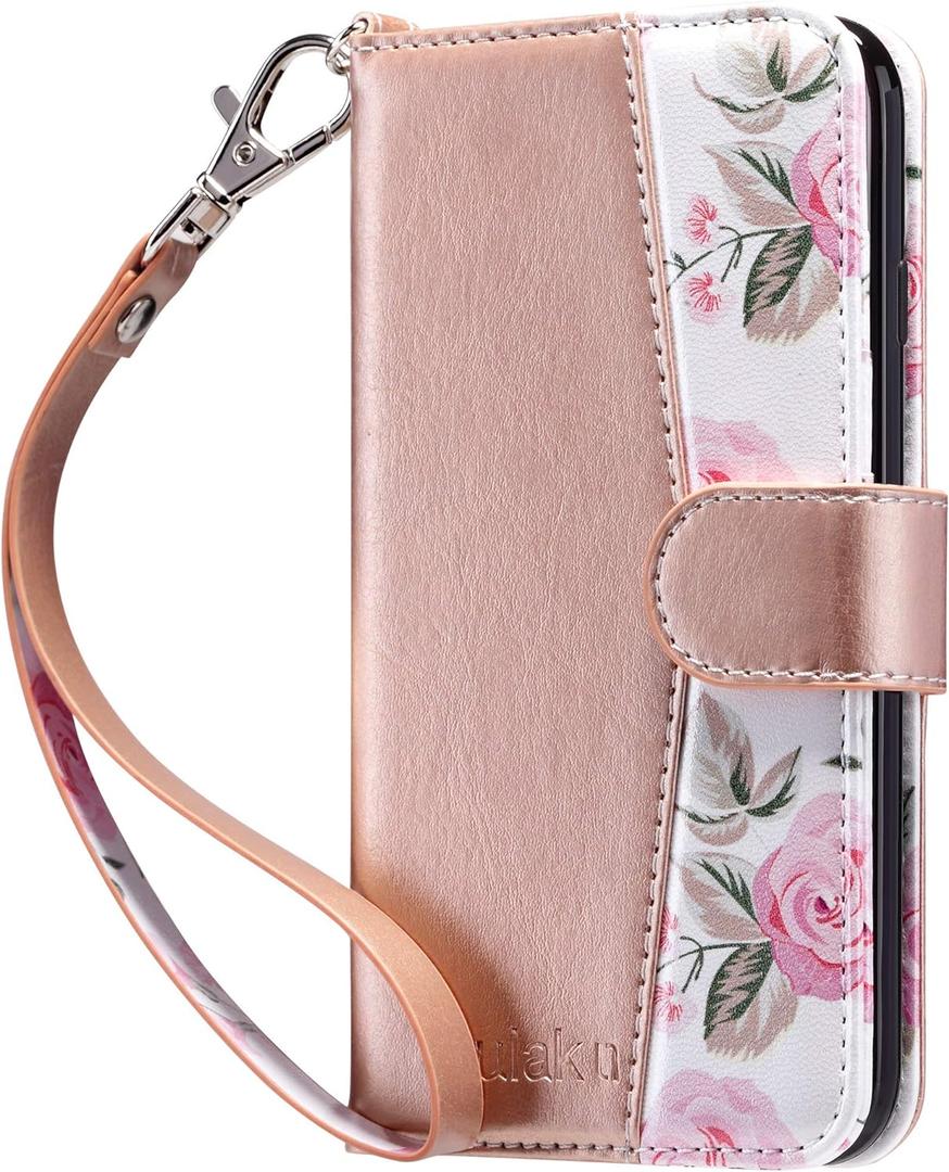 ULAK for iPhone SE 3(2022)/SE(2020)/8/7 Wallet Case with Card Holder, Premium Floral PU Leather Flip Case with Kickstand Card Slots,Wrist Strap, Durable Shockproof Cover 4.7 Inch(Rose Gold)