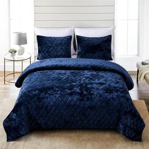 Fredsure Distressed Velvet Quilt Set, 3 Pieces Navy Queen, Distressed Velvet Face and Brushed Microfiber Reverse with Diamond Quilting