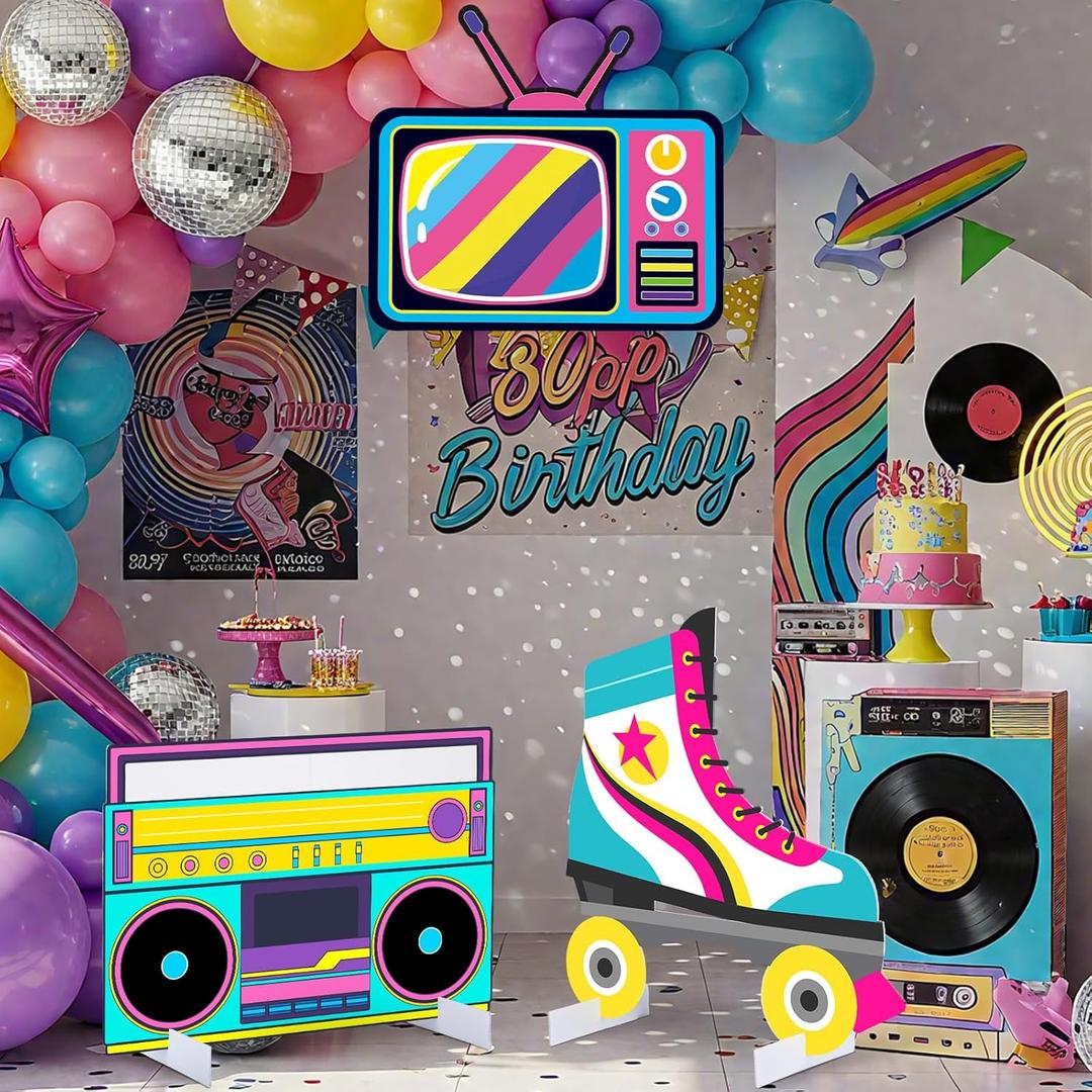 Soulchen 3 Pcs 24 Inch Large 80s 90s Photo Booth Props Retro 80s 90s Birthday Party Decorations Boombox Neon Television Roller Skates Frame Backdrop for Hip Hop Musical Party Supplies