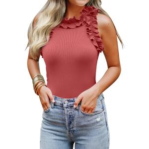 WAYMAKER Women's Sleeveless Racer Back Ruffle Mock Turtle Neck Ribbed Bodysuit Tank Tops S