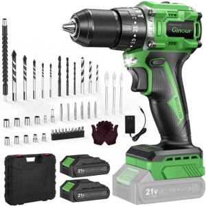 Ginour 21V Brushless Cordless Hammer Drill 442 in.lbs 18000BPM 3/8" Keyless Chuck Impact Drill with 2 Batteries and Charger 23+3 Clutch, 47PCS Accessories for Metal, Wood, Brick Wall