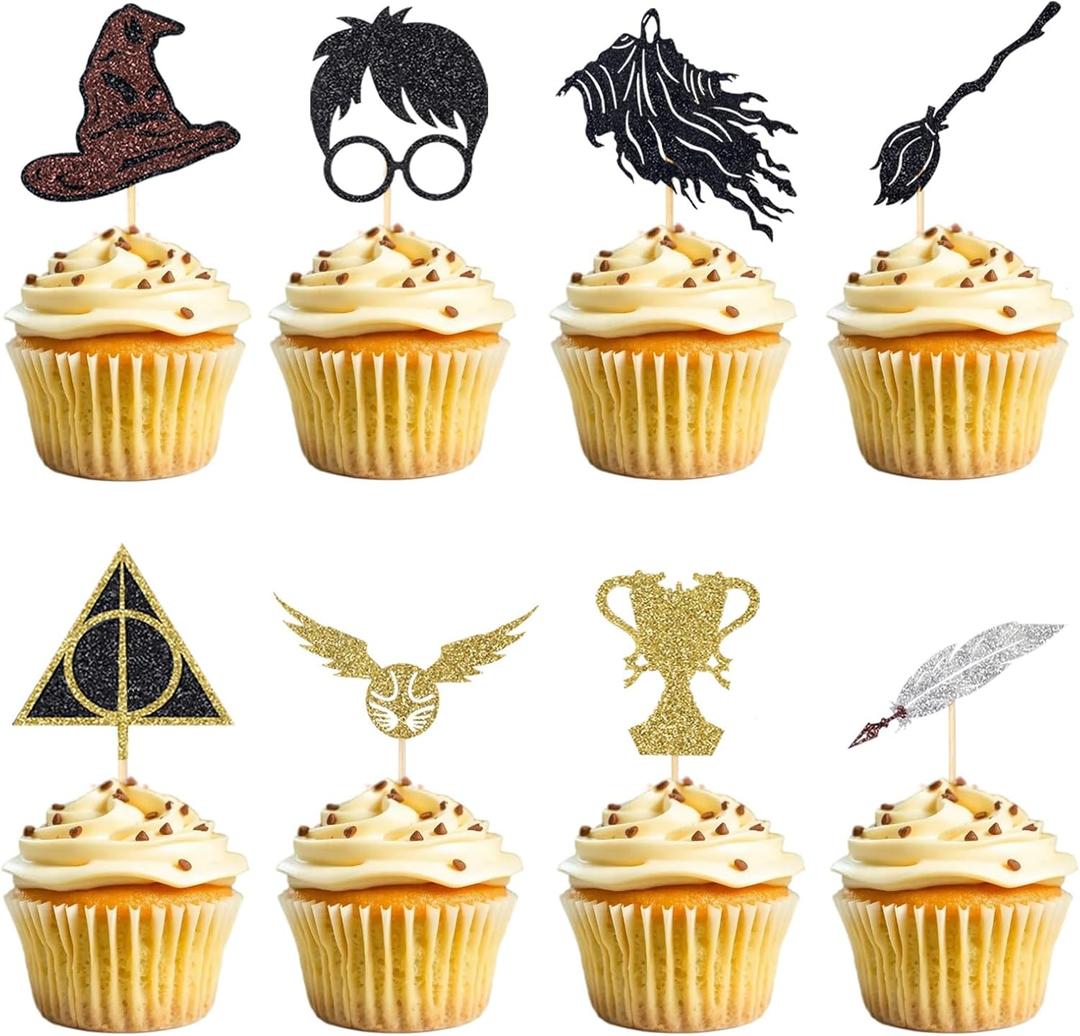 24 Pcs Black Magical Wizard Cupcake Toppers Gold Wizard Hat Flying Broomstick Cupcake Picks Magical School Theme Birthday Cake Decorations New Year Party Supplies (Hp)