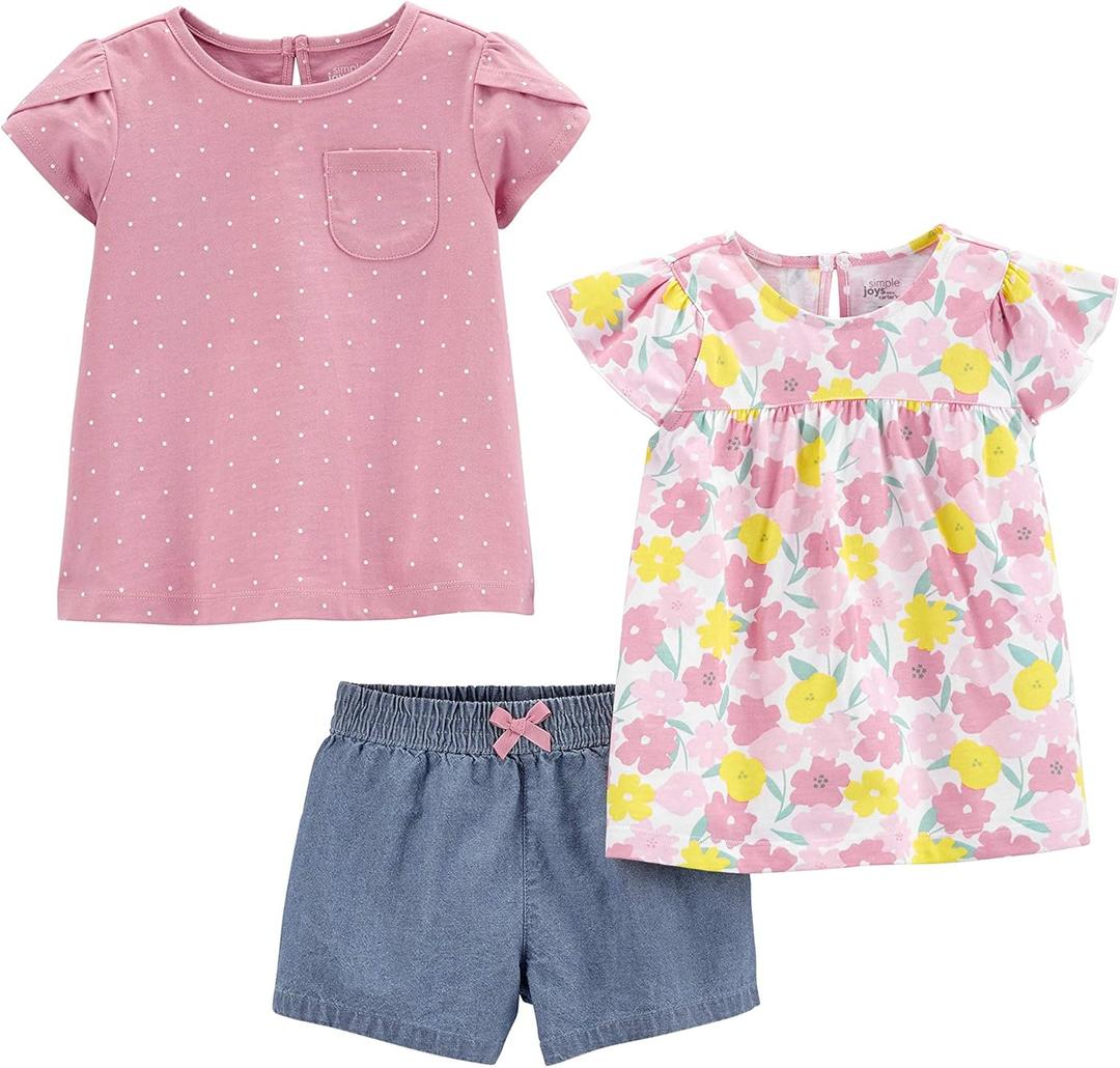 Simple Joys by Carter's Baby Girls' 3-Piece Playwear Set, Denim/ Pink Dots/ White Floral, 3T