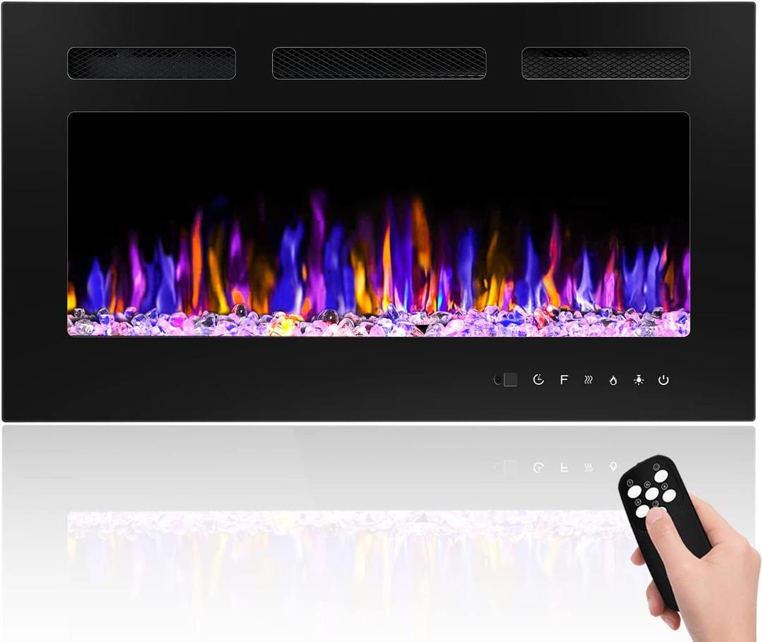 30" Electric Fireplace Wall Mounted and Recessed with Remote Control, 750/1500W Ultra-Thin Wall Fireplace Heater W/Timer Adjustable Flame Color and Brightness, Log Set & Crystal Options
