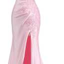 Lace Applique Satin Prom Dresses for Women 2026 Mermaid V Neck Ruched Spaghetti Strap Formal Evening Gown with Slit (Green, L)