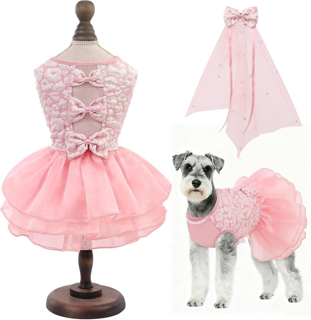 ASENKU Dog Dress, Dog Wedding Dress, Pet Lace Princess Dress with Bows for Wedding Birthday Party, Puppy Formal Apparel with Pearl Necklace for Large Dogs (Pink, X-Large)