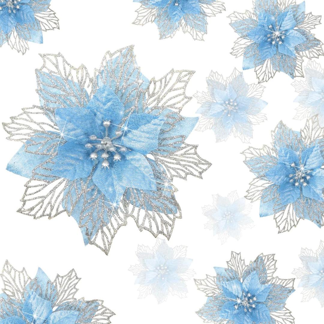 Geosar 24 Pieces Happy New Year Glitter Poinsettia Flowers Layered Artificial Flowers Wedding New Year Tree Ornaments 3/4/6 Inch(Blue)