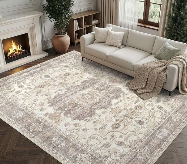 8X10 Area Rugs for Living Room: Washable Vintage Soft Thin Area Rug Stain Resistant Non-Slip Backing Carpet for Bedroom Dining Room Nursery Home Office - Tea Brown