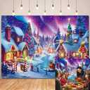Christmas Village Photography Backdrop North Pole Snow Village Photo Backdrop Winter Night Xmas Tree Santa Party Decorations Holiday Photo Booth Banner (7X5FT)