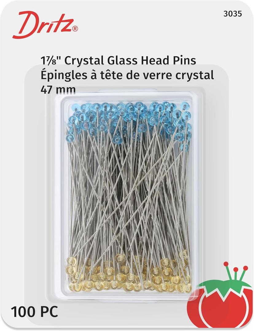 Dritz 3035 Crystal Glass Head Pins, 1-7/8-Inch (100-Count), Blue and Yellow