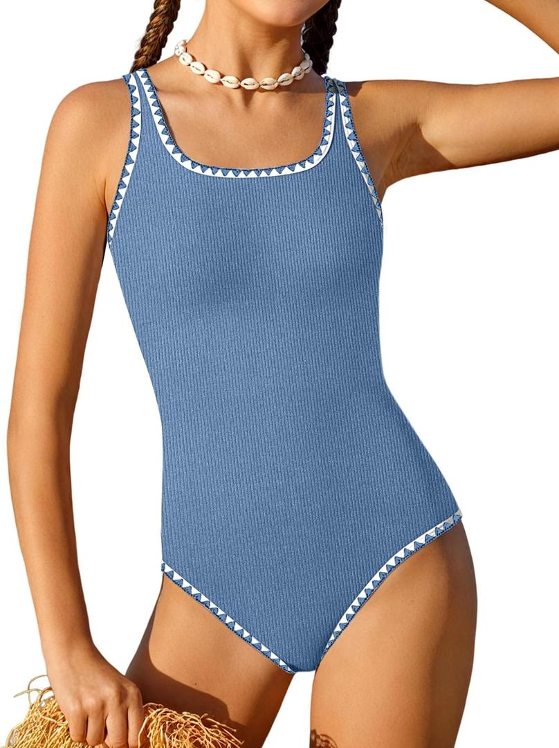 Qaoerde Girls Swimsuit One Piece Swimsuits Solid Color Bathing Suit Colorful Contrast Trim Adjustable Straps Swimwear 9-16Y (13-14 Years, Gery Blue)